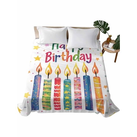 Twin Size Flat Sheet Only, Happy Birthday Soft Brushed Microfiber Bed Sheets, Colorful Star Funny Celebration Hotel Quality Breathable Bedding Top Sheet, Easy Care, 66"x96"