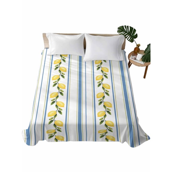 Twin Size Flat Sheet Only, Lemon Striped Soft Brushed Microfiber Bed Sheets, Yellow Fruit Blue White Geometric Hotel Quality Breathable Bedding Top Sheet, Easy Care, 66"x96"