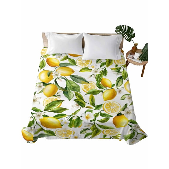 TwinSize Flat Sheet Only, Lemon Yellow Soft Brushed Microfiber Bed Sheets, Country Watercolor Floral Leaf Green White Hotel Quality Breathable Bedding Top Sheet, Easy Care, 66"x96"