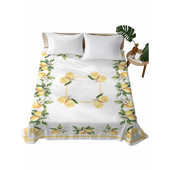 TwinSize Flat Sheet Only, Lemon Yellow Soft Brushed Microfiber Bed Sheets, Modern Country Flower Floral Summer Spring Hotel Quality Breathable Bedding Top Sheet, Easy Care, 66"x96"