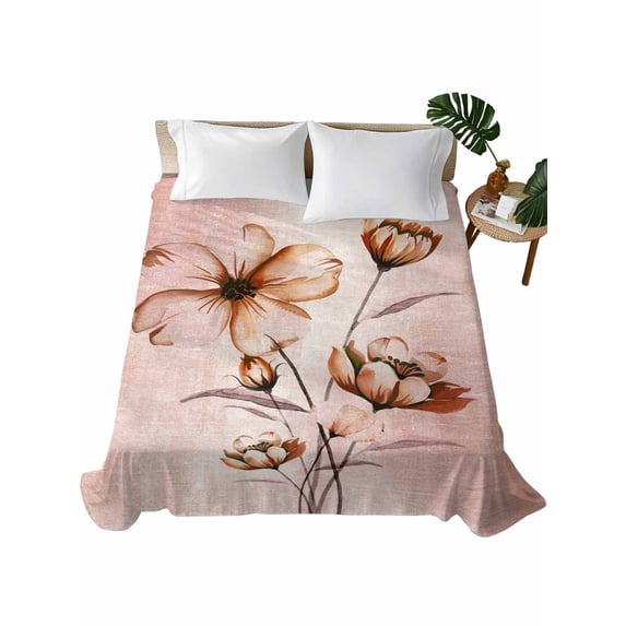 Twin Size Flat Sheet Only, Light Orange Spring Floral Soft Brushed Microfiber Bed Sheets, Ombre Modern Art Vintage Hotel Quality Breathable Bedding Top Sheet, Easy Care, 66"x96"