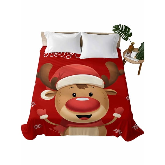 TwinSize Flat Sheet Only, Merry Christmas Soft Brushed Microfiber Bed Sheets, Red Winter Xmas Cartoon Deer Snowflake Hotel Quality Breathable Bedding Top Sheet, Easy Care, 66"x96"