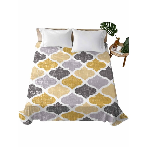 TwinSize Flat Sheet Only, Moroccan Soft Brushed Microfiber Bed Sheets, Vintage Moroccan Texture Yellow Grey Hotel Quality Breathable Bedding Top Sheet, Easy Care, 66"x96"