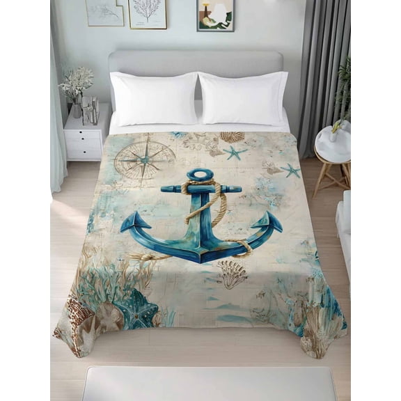 Twin XL Size Flat Sheet Only, Nautical Anchor Soft Brushed Microfiber Bed Sheets, Vintage Coastal Summer Beach Coral Hotel Quality Breathable Bedding Top Sheet, Easy Care, 66"x96"