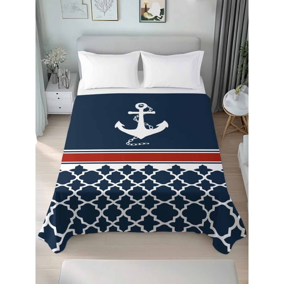 TwinSize Flat Sheet Only, Navy Blue Anchor Soft Brushed Microfiber Bed Sheets, Nautical Ocean Retro Striped Geometric Hotel Quality Breathable Bedding Top Sheet, Easy Care, 66"x96"