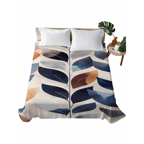 Twin Size Flat Sheet Only, Navy Blue Burnt Orange Soft Brushed Microfiber Bed Sheets, Botanical Palm Leaf Abstract Hotel Quality Breathable Bedding Top Sheet, Easy Care, 66"x96"