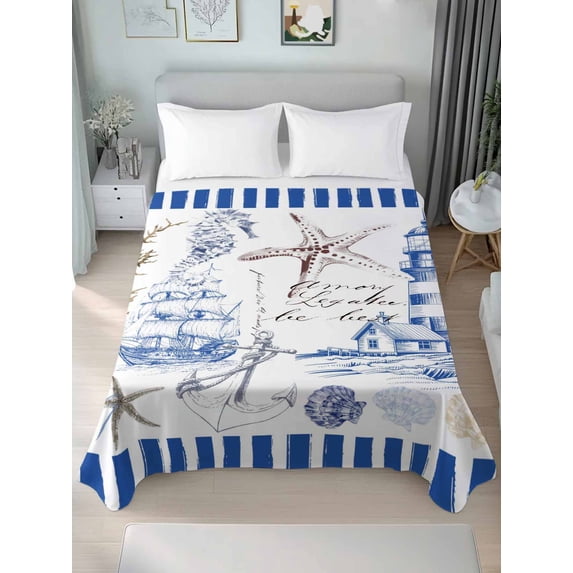 Twin Size Flat Sheet Only, Navy Blue Coastal Soft Brushed Microfiber Bed Sheets, Summer Nautical Lighthouse Starfish Hotel Quality Breathable Bedding Top Sheet, Easy Care, 66"x96"