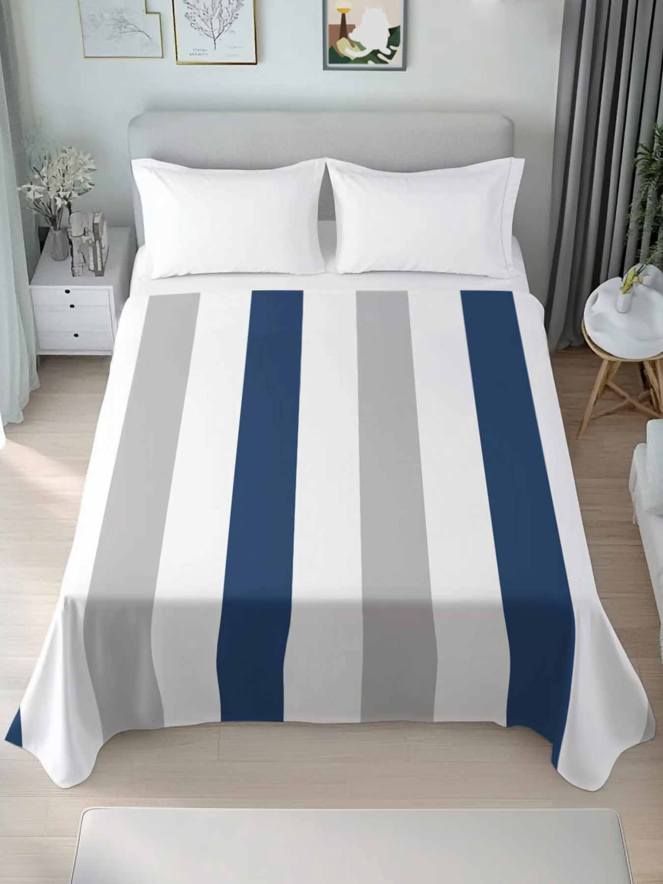 TwinSize Flat Sheet Only, Navy Blue Grey Stripe Soft Brushed Microfiber ...