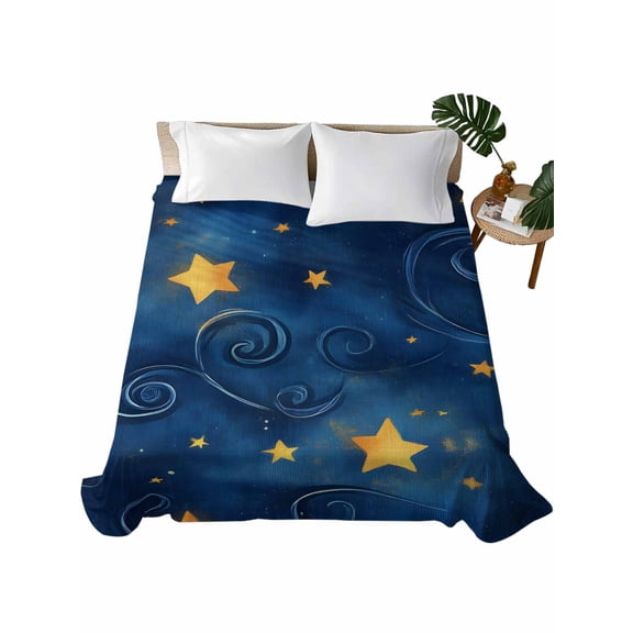 Twin Size Flat Sheet Only, Navy Blue Yellow Star Soft Brushed Microfiber Bed Sheets, Starry Sky Vintage Hotel Quality Breathable Bedding Top Sheet, Easy Care, 66"x96"