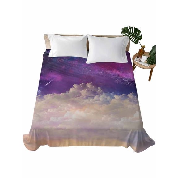Twin Size Flat Sheet Only, Night Sky Stars Soft Brushed Microfiber Bed Sheets, Shooting Star Cloud Galaxy Hotel Quality Breathable Bedding Top Sheet, Easy Care, 66"x96"
