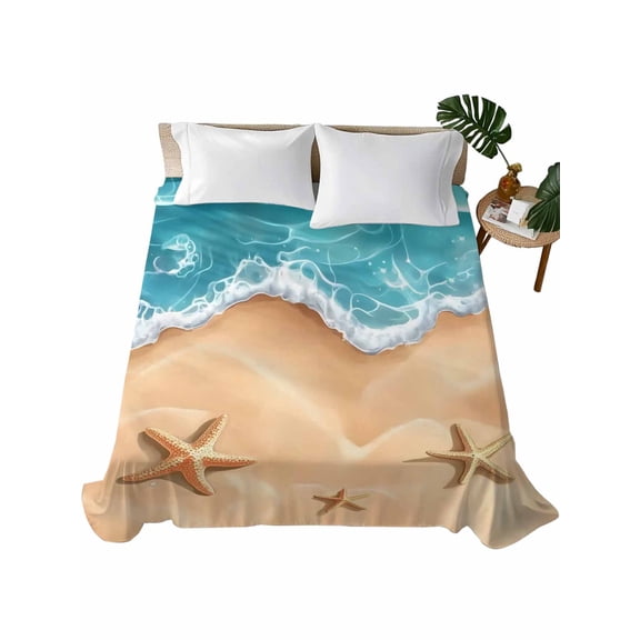 Twin XL Size Flat Sheet Only, Ocean Beach Soft Brushed Microfiber Bed Sheets, Starfish Sea Waves Coastal Seaside Sand Hotel Quality Breathable Bedding Top Sheet, Easy Care, 66"x96"