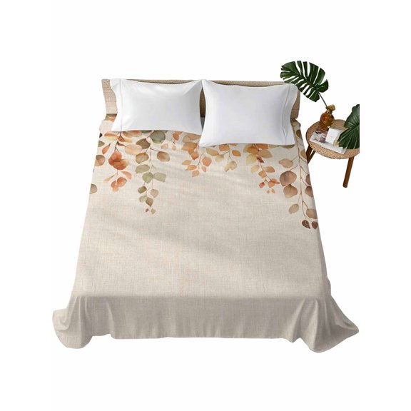 Twin Size Flat Sheet Only, Orange Botanical Soft Brushed Microfiber Bed Sheets, Farmhouse Leaf Fall Thanksgiving Hotel Quality Breathable Bedding Top Sheet, Easy Care, 66"x96"