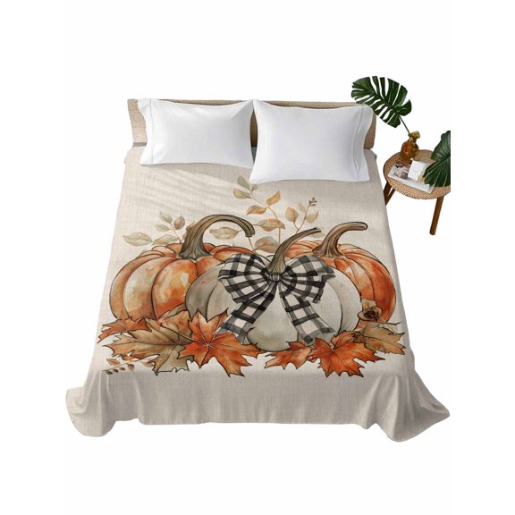 TwinSize Flat Sheet Only, Orange Grey Pumpkins Fall Soft Brushed Microfiber Bed Sheets, Thanksgiving Rustic Hotel Quality Breathable Bedding Top Sheet, Easy Care, 66"x96"