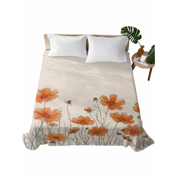 Twin XL Size Flat Sheet Only, Orange Spring Floral Soft Brushed Microfiber Bed Sheets, Summer Botanical Rustic Daisy Hotel Quality Breathable Bedding Top Sheet, Easy Care, 66"x96"