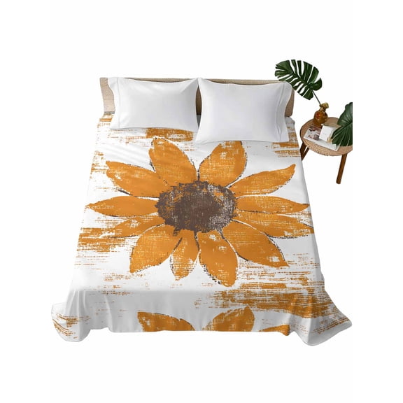 Twin Size Flat Sheet Only, Orange Sunflower Soft Brushed Microfiber Bed Sheets, Spring Summer Botanical Flowers Hotel Quality Breathable Bedding Top Sheet, Easy Care, 66"x96"