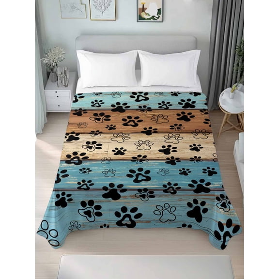 TwinSize Flat Sheet Only, Pale Blue Paws Soft Brushed Microfiber Bed Sheets, Farmhouse Vintage Modern Blue Brown Wood Hotel Quality Breathable Bedding Top Sheet, Easy Care, 66"x96"