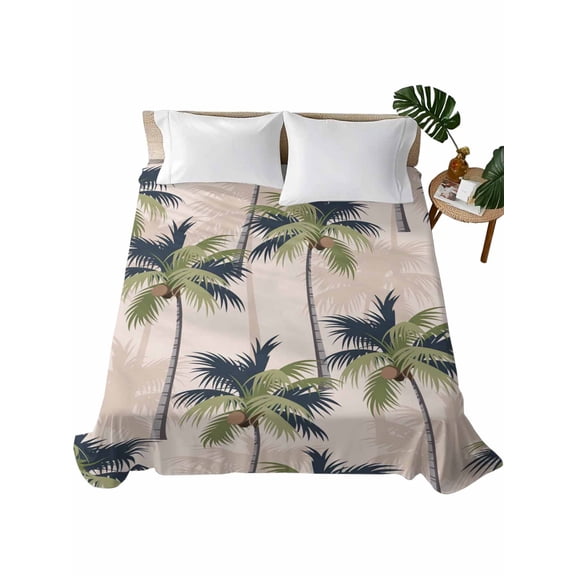 Twin Size Flat Sheet Only, Palm Tree Soft Brushed Microfiber Bed Sheets, Tropical Coconut Botanical Summer Seaside Hotel Quality Breathable Bedding Top Sheet, Easy Care, 66"x96"