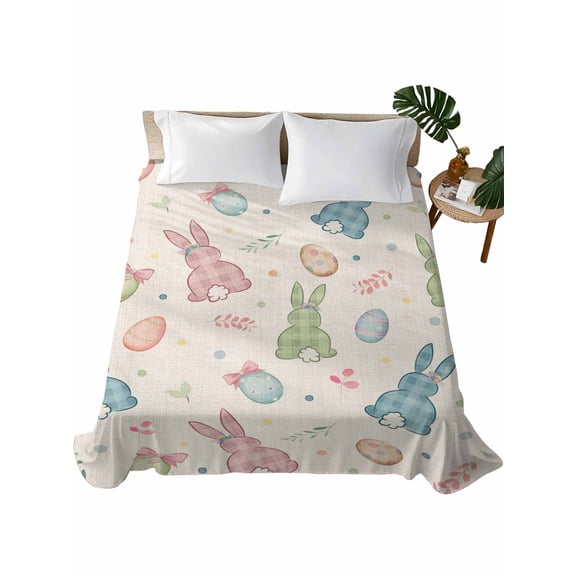 Twin Size Flat Sheet Only, Pink Blue Green Easter Soft Brushed Microfiber Bed Sheets, Spring Bunny Colorful Eggs Hotel Quality Breathable Bedding Top Sheet, Easy Care, 66"x96"
