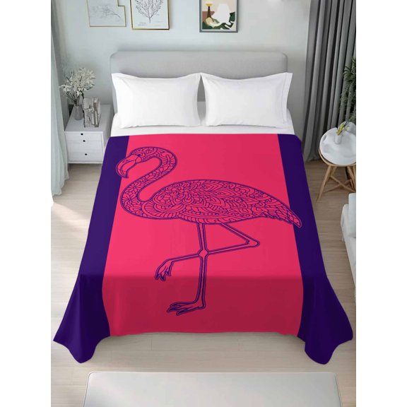 TwinSize Flat Sheet Only, Pink Navy Blue Flamingo Soft Brushed Microfiber Bed Sheets, Summer Beach Coastal Modern Art Hotel Quality Breathable Bedding Top Sheet, Easy Care, 66"x96"