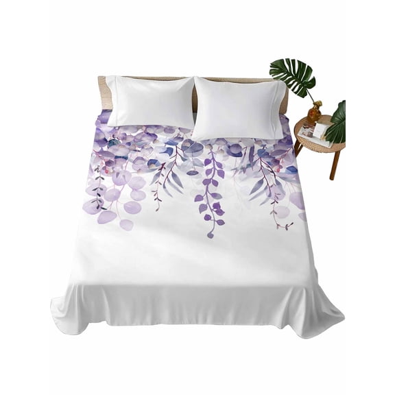 TwinSize Flat Sheet Only, Purple Eucalyptus Leaves Soft Brushed Microfiber Bed Sheets, Spring Floral Summer Botanical Hotel Quality Breathable Bedding Top Sheet, Easy Care, 66"x96"