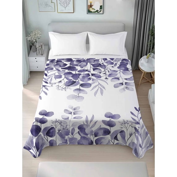 Twin Size Flat Sheet Only, Purple Eucalyptus Soft Brushed Microfiber Bed Sheets, Spring Summer Farmhouse Leaves Watercolor Hotel Quality Breathable Bedding Top Sheet, Easy Care, 66"x96"