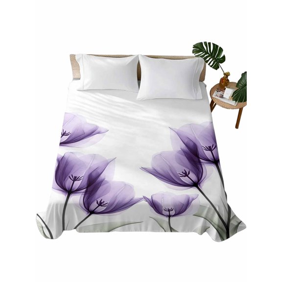 Twin XL Size Flat Sheet Only, Purple Tulip Soft Brushed Microfiber Bed Sheets, Spring Floral Pastoral Flower Aesthetics Hotel Quality Breathable Bedding Top Sheet, Easy Care, 66"x96"