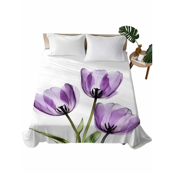 Twin Size Flat Sheet Only, Purple Tulips Soft Brushed Microfiber Bed Sheets, Spring Floral Botanical Plant Abstract Hotel Quality Breathable Bedding Top Sheet, Easy Care, 66"x96"