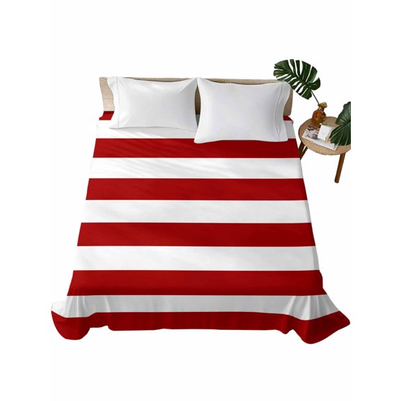 Twin Size Flat Sheet Only, Red Stripes Soft Brushed Microfiber Bed Sheets, Simple Red White Texture Hotel Quality Breathable Bedding Top Sheet, Easy Care, 66"x96"
