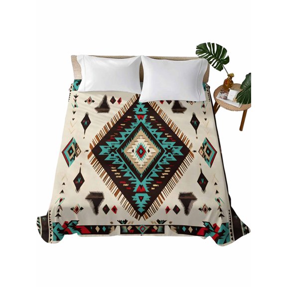 TwinSize Flat Sheet Only, Red Teal Brown Southwestern Soft Brushed Microfiber Bed Sheets, Ethnic Geometric Boho Retro Hotel Quality Breathable Bedding Top Sheet, Easy Care, 66"x96"
