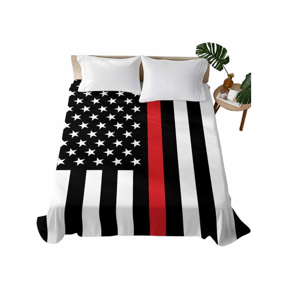 Twin Size Flat Sheet Only, Red White Stripe Fireman American Flag Soft Brushed Microfiber Bed Sheets, Fire Fighter USA Flags Hotel Quality Breathable Bedding Top Sheet, Easy Care, 66"x96"