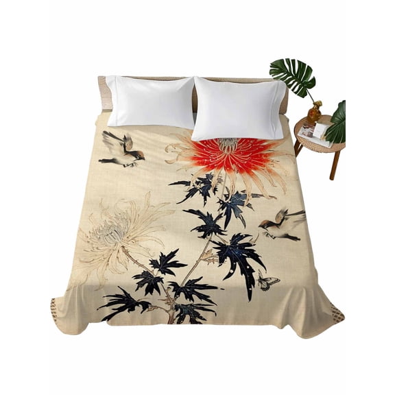 Twin Size Flat Sheet Only, Retro Flower Bird, Soft Brushed Microfiber Bed Sheets, Classical Spring Summer Plant Hotel Quality Breathable Bedding Top Sheet, Easy Care, 66"x96"
