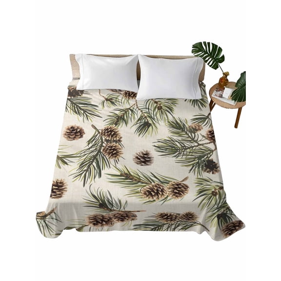 TwinSize Flat Sheet Only, Sage Green Christmas Soft Brushed Microfiber Bed Sheets, Rustic Pine Cones Xmas Botanical Hotel Quality Breathable Bedding Top Sheet, Easy Care, 66"x96"