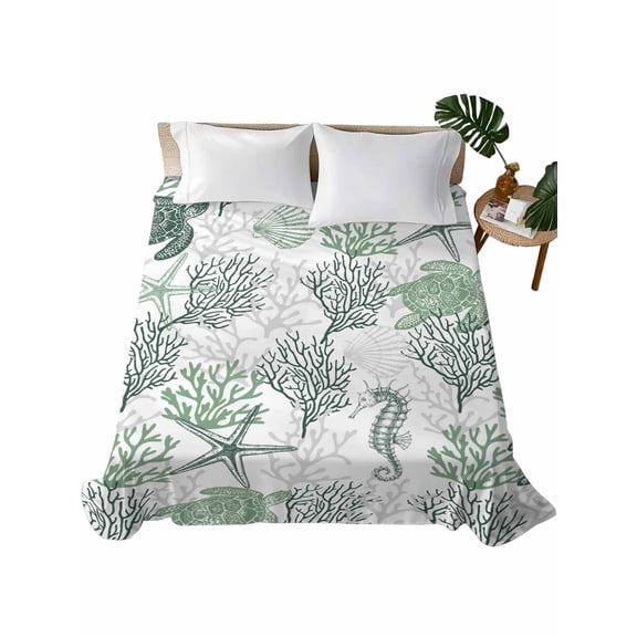 Twin Size Flat Sheet Only, Sage Green Coastal Soft Brushed Microfiber Bed Sheets, Sea Turtle Nautical Coral Summer Beach Hotel Quality Breathable Bedding Top Sheet, Easy Care, 66"x96"
