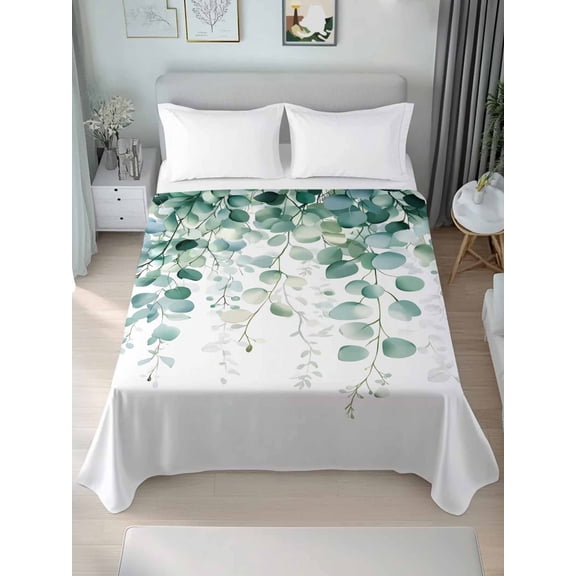 TwinSize Flat Sheet Only, Sage Green Eucalyptus Leaves Soft Brushed Microfiber Bed Sheets, Spring Farmhouse Botanical Hotel Quality Breathable Bedding Top Sheet, Easy Care, 66"x96"