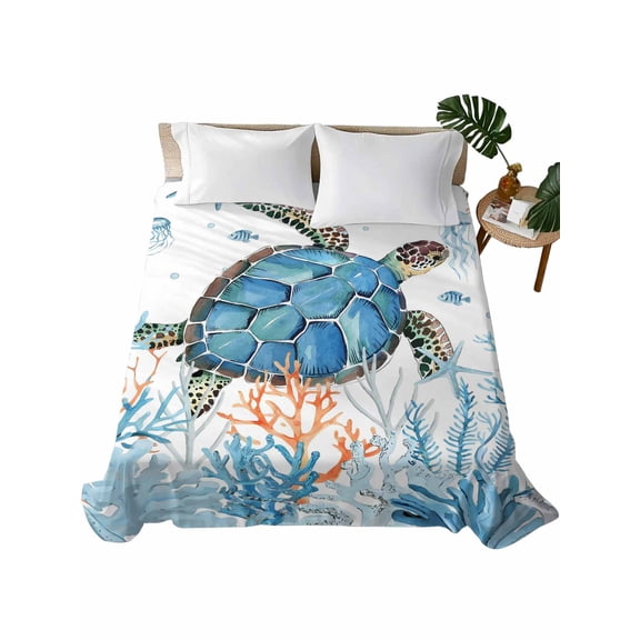 Twin Size Flat Sheet Only, Sea Turtle Coastal Soft Brushed Microfiber Bed Sheets, Nautical Summer Beach Coral Ocean Hotel Quality Breathable Bedding Top Sheet, Easy Care, 66"x96"