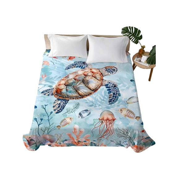 TwinSize Flat Sheet Only, Sea Turtle Soft Brushed Microfiber Bed Sheets, Summer Beach Coastal Nautical Coral Blue Red Hotel Quality Breathable Bedding Top Sheet, Easy Care, 66"x96"