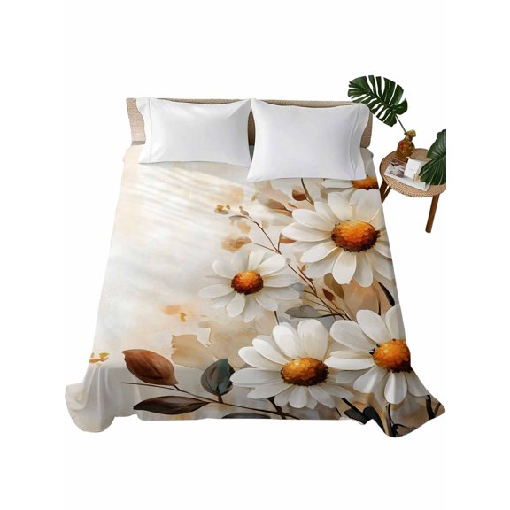 Twin Size Flat Sheet Only, Spring Floral Soft Brushed Microfiber Bed Sheets, Daisy Summer Botanical Vintage Flowers Hotel Quality Breathable Bedding Top Sheet, Easy Care, 66"x96"