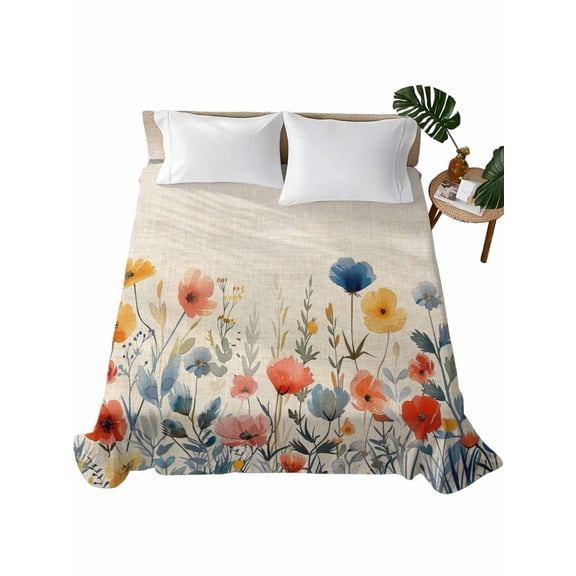 Twin Size Flat Sheet Only, Spring Floral Soft Brushed Microfiber Bed Sheets, Watercolor Elegant Summer Botanical Rustic Hotel Quality Breathable Bedding Top Sheet, Easy Care, 66"x96"