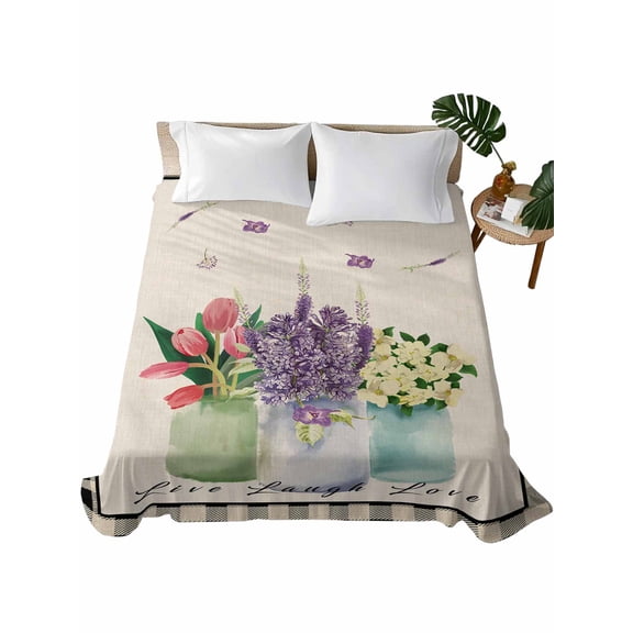 Twin Size Flat Sheet Only, Spring Floral Tulip Soft Brushed Microfiber Bed Sheets, Black Check Buffalo Hotel Quality Breathable Bedding Top Sheet, Easy Care, 66"x96"