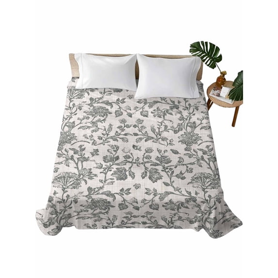 TwinSize Flat Sheet Only, Spring Flowers Soft Brushed Microfiber Bed Sheets, Farmhouse Grey-blue Pastoral Floral Leaf Hotel Quality Breathable Bedding Top Sheet, Easy Care, 66"x96"