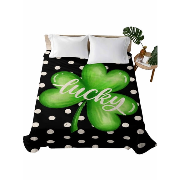 Twin Size Flat Sheet Only, St. Patrick's Day Soft Brushed Microfiber Bed Sheets, Green Lucky Black White Polka Dots Hotel Quality Breathable Bedding Top Sheet, Easy Care, 66"x96"