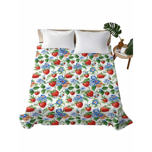 Twin Size Flat Sheet Only, Strawberry Soft Brushed Microfiber Bed Sheets, Summer Botanical Blue Spring Floral Hotel Quality Breathable Bedding Top Sheet, Easy Care, 66"x96"