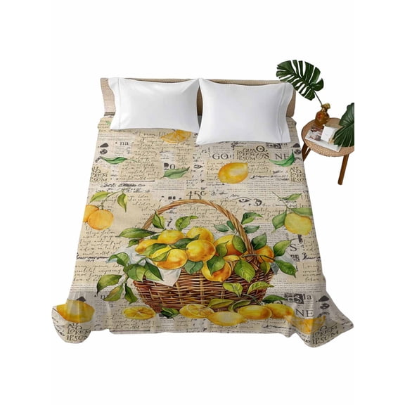 TwinSize Flat Sheet Only, Summer Lemon Soft Brushed Microfiber Bed Sheets, Watercolor Yellow Fruits Botanical Vintage Hotel Quality Breathable Bedding Top Sheet, Easy Care, 66"x96"