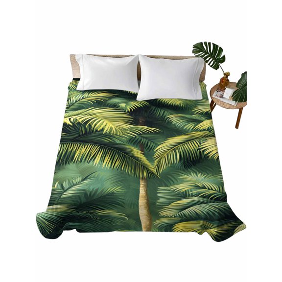 Twin Size Flat Sheet Only, Summer Palm Tree Soft Brushed Microfiber Bed Sheets, Nature Green Tropical Plant Leaves Hotel Quality Breathable Bedding Top Sheet, Easy Care, 66"x96"