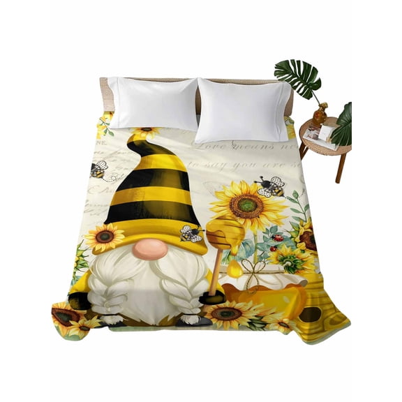 TwinSize Flat Sheet Only, Sunflower Soft Brushed Microfiber Bed Sheets, Gnomes Flower Bee Eucalyptus Leaves Farmhouse Hotel Quality Breathable Bedding Top Sheet, Easy Care, 66"x96"