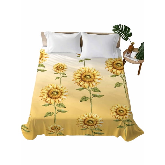 Twin Size Flat Sheet Only, Sunflower Soft Brushed Microfiber Bed Sheets, Watercolor Yellow Flower Gradient Plant Hotel Quality Breathable Bedding Top Sheet, Easy Care, 66"x96"