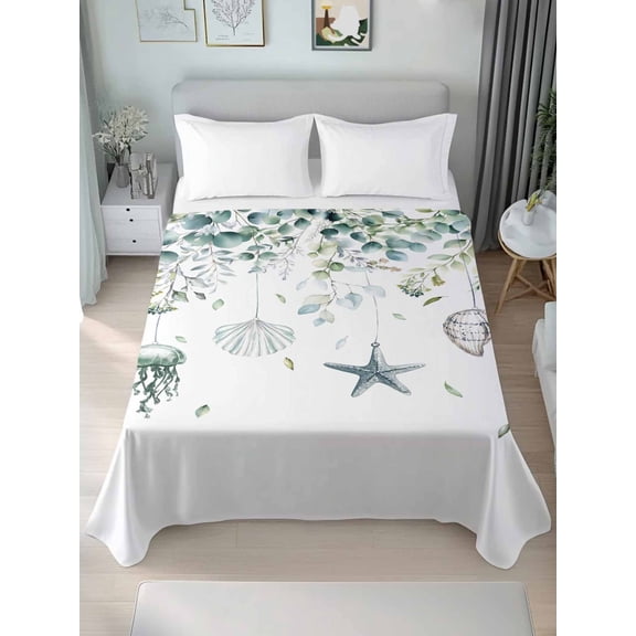 TwinSize Flat Sheet Only, Teal Eucalyptus Coastal Soft Brushed Microfiber Bed Sheets, Beach Starfish Shells Hotel Quality Breathable Bedding Top Sheet, Easy Care, 66"x96"