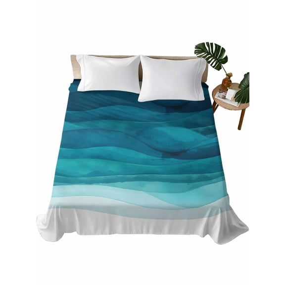 Twin XL Size Flat Sheet Only, Teal Turquoise Waves Soft Brushed Microfiber Bed Sheets, Ombre Coastal Ocean Water Abstract Hotel Quality Breathable Bedding Top Sheet, Easy Care, 66"x96"