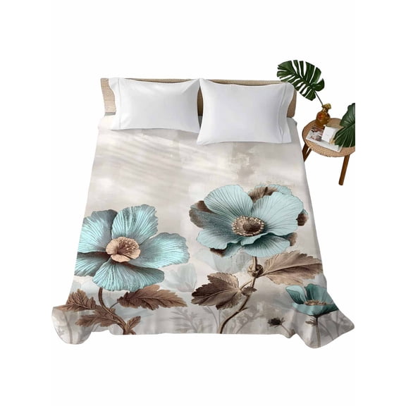 TwinSize Flat Sheet Only, Tulip Flower Soft Brushed Microfiber Bed Sheets, Teal Brown Vintage Floral Plant Botanical Hotel Quality Breathable Bedding Top Sheet, Easy Care, 66"x96"