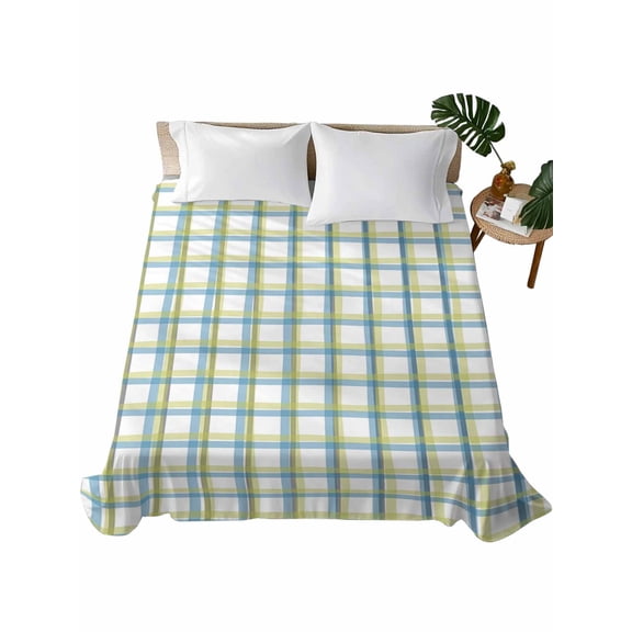 Twin Size Flat Sheet Only, Turquoise Green Plaid, Soft Brushed Microfiber Bed Sheets, Abstract Minimalistic Geometric Grid Hotel Quality Breathable Bedding Top Sheet, Easy Care, 66"x96"